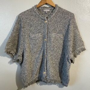 J Crew Linen Blend Cropped Fringe Lady Jacket Womens 3X Gray White Quiet Luxury
